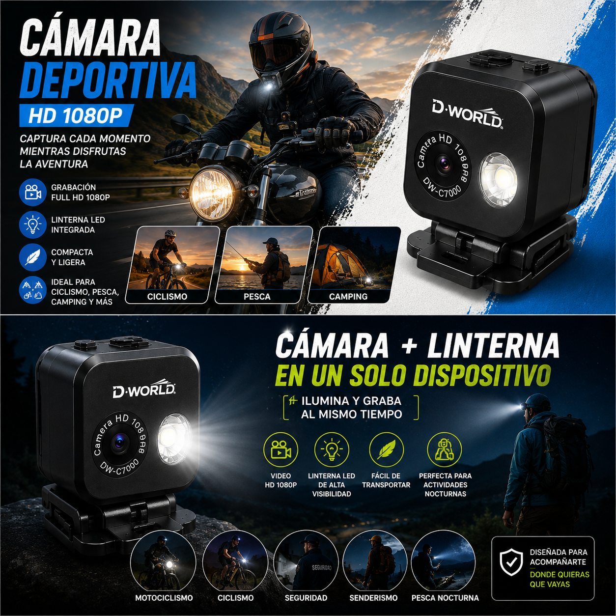 📷 Cámara Deportiva con Linterna HD 1080P DW-C7000