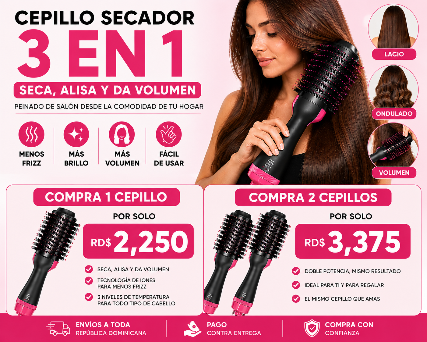 Cepillo Secador y Voluminizador 3 en 1 One Step | Seca, Alisa y Da Volumen en Minutos