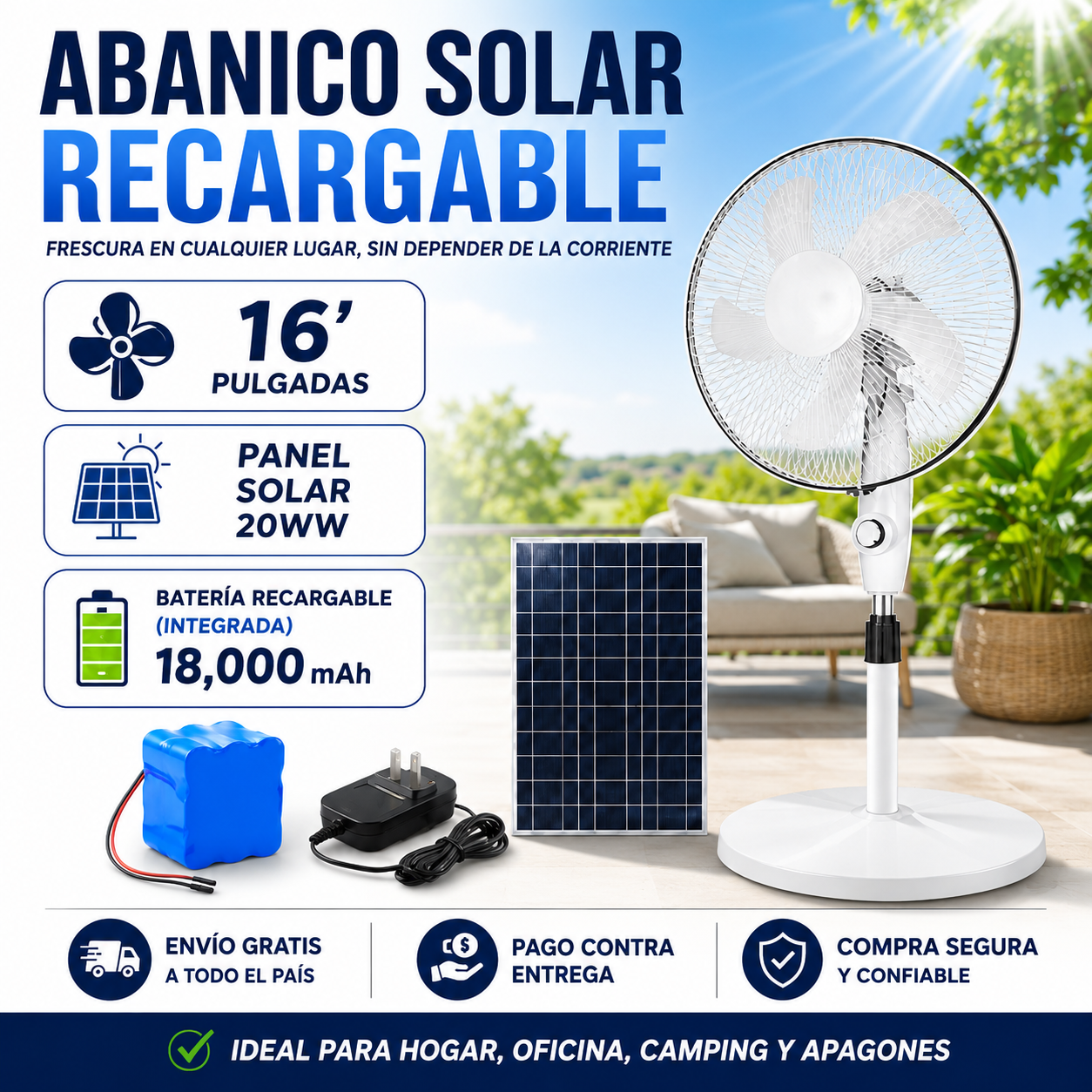 ABANICO SOLAR RECARGABLE DE 16 PULGADAS MD-12103