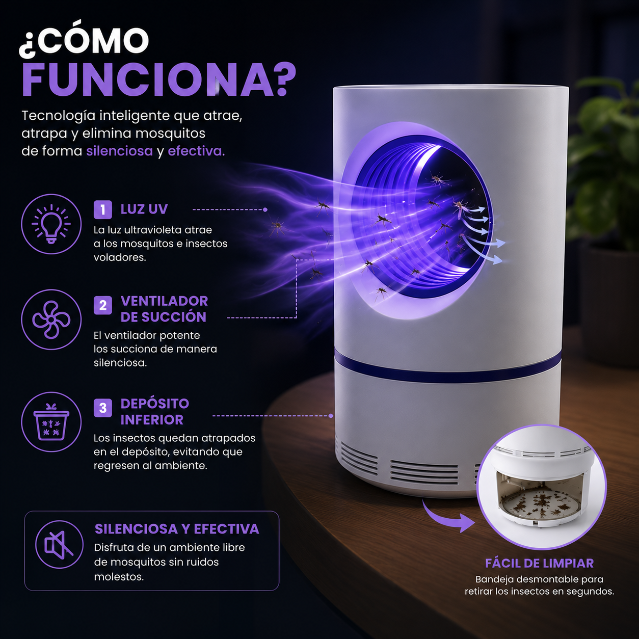 Lámpara Atrapa Mosquitos Eléctrica UV | Silenciosa y Sin Químicos