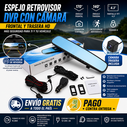 🚗 Espejo Retrovisor DVR con Cámara Frontal y Trasera HD | Cámara para Vehículos