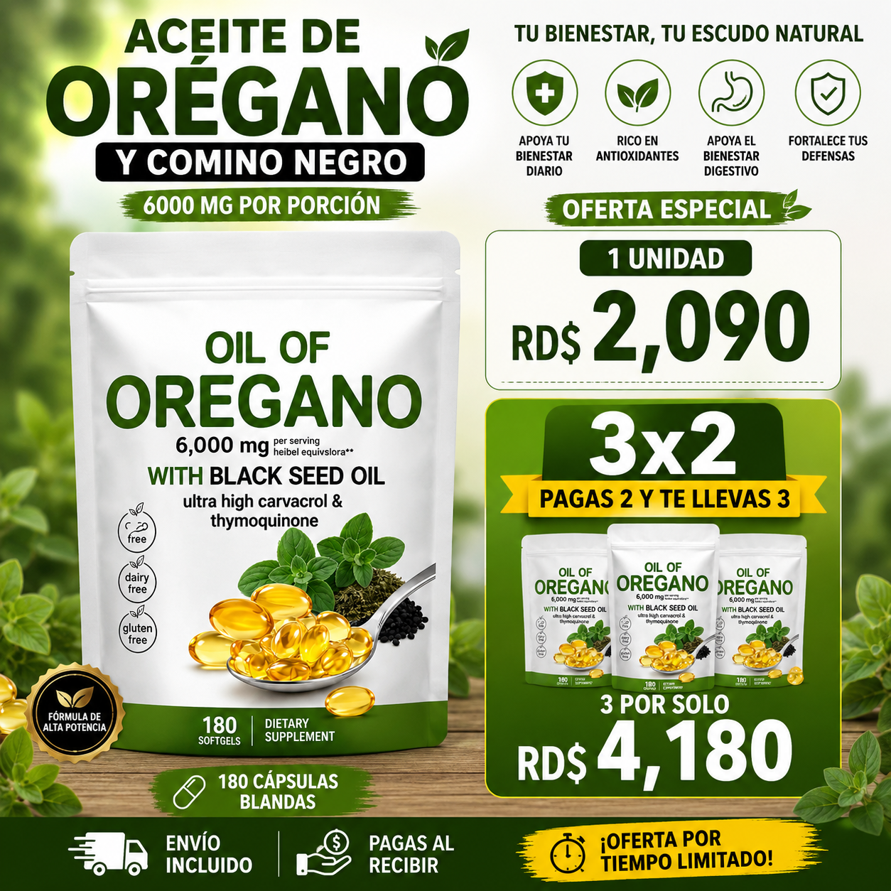 🌿 Aceite de Orégano y Comino Negro 6000 mg – 180 Cápsulas Blandas