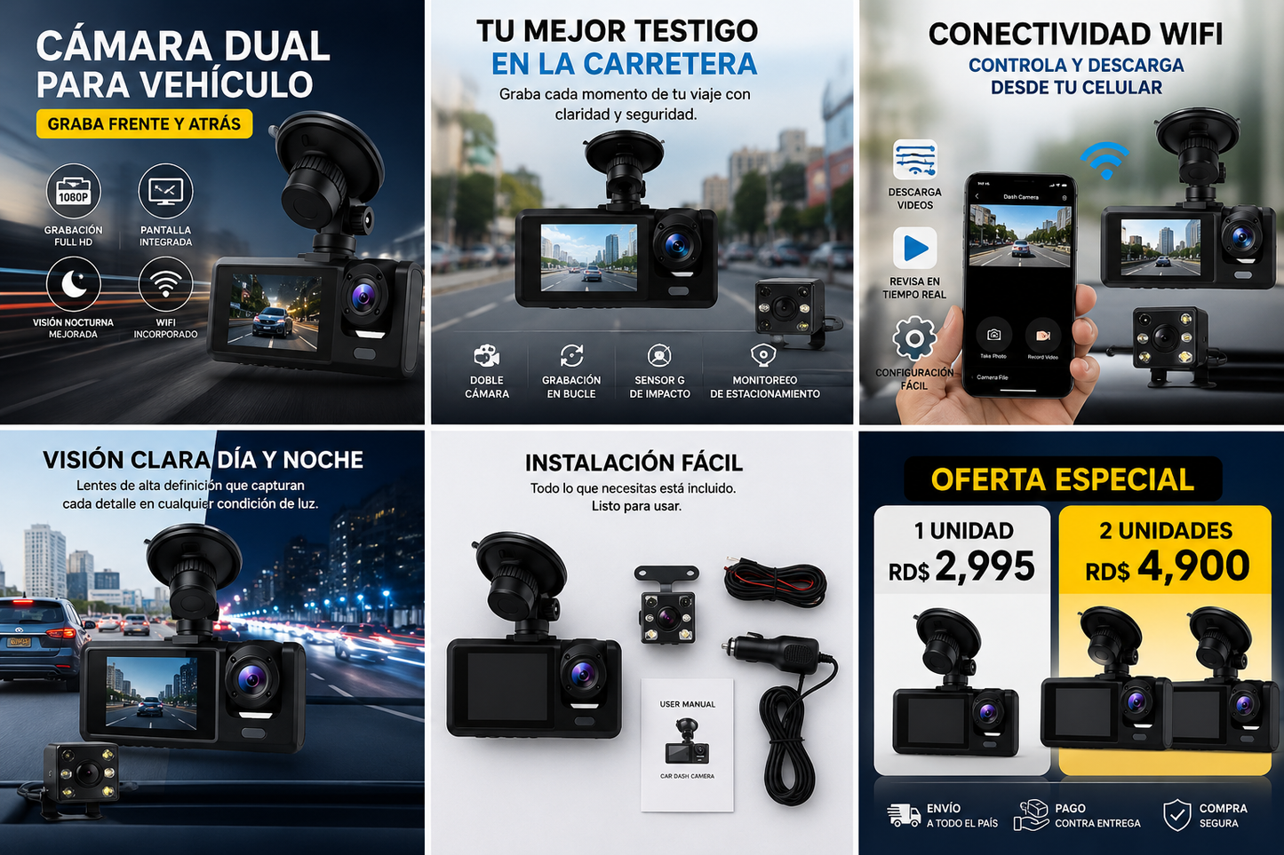 🚗 Cámara Dual para Vehículo con Grabación Frontal y Trasera