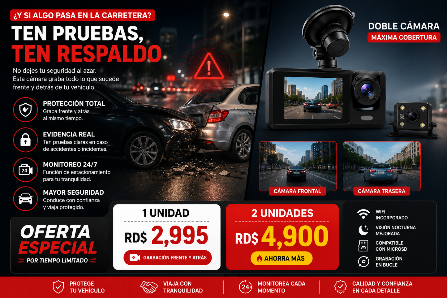 🚗 Cámara Dual para Vehículo con Grabación Frontal y Trasera