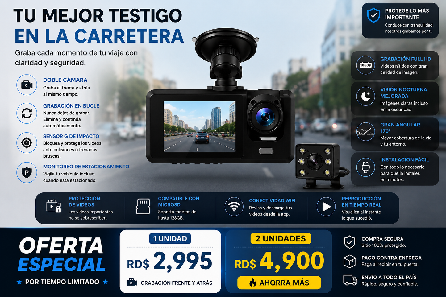 🚗 Cámara Dual para Vehículo con Grabación Frontal y Trasera
