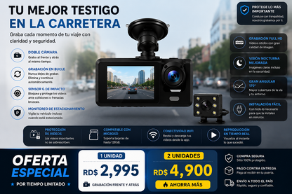 🚗 Cámara Dual para Vehículo con Grabación Frontal y Trasera