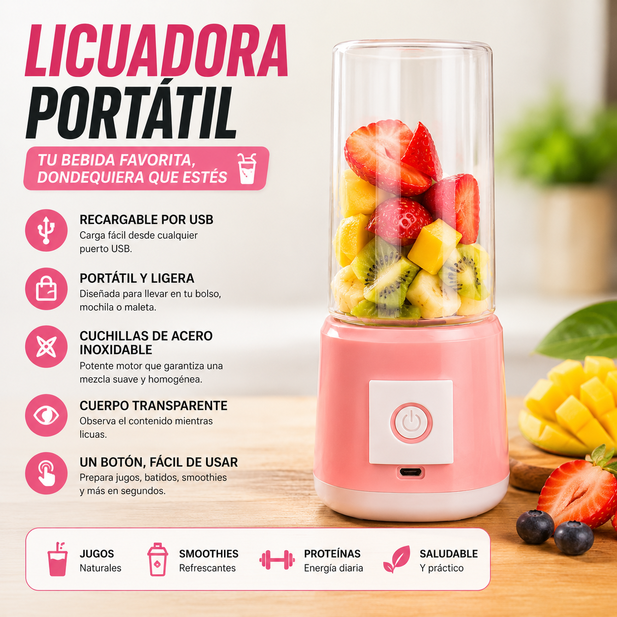 Licuadora Portatil Mge-002 Recargable USB para Jugos, Smoothies y Batidos 🥤✨