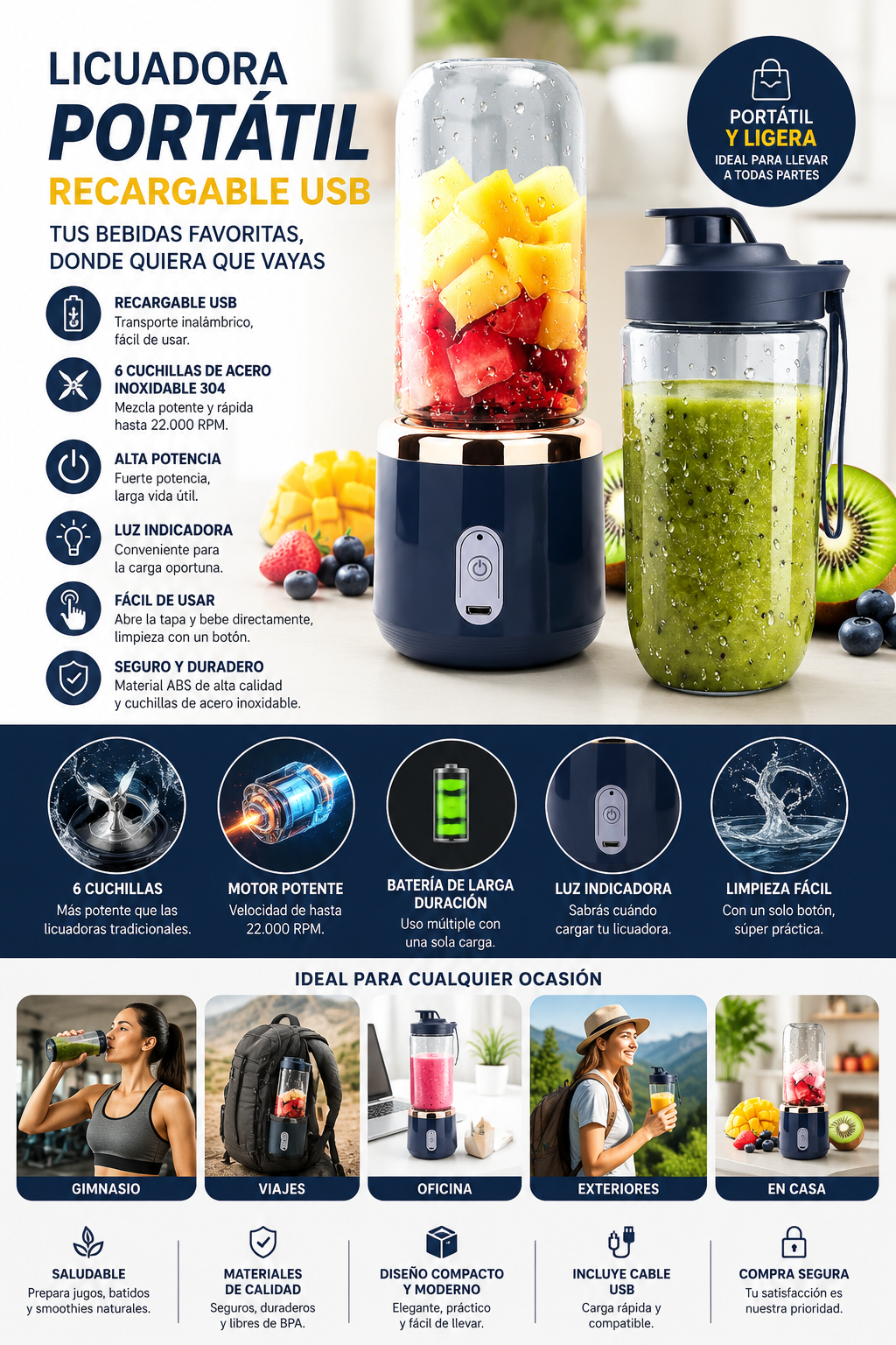 Licuadora Portátil USB 6 Cuchillas de alta potencia | Batidos y Smoothies en Cualquier Lugar