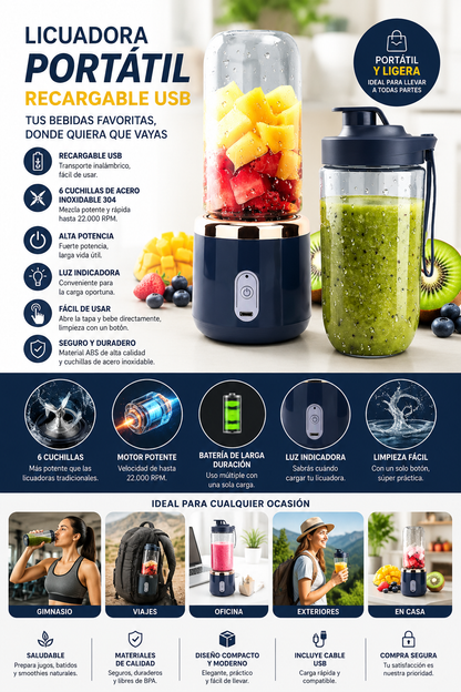 Licuadora Portátil USB 6 Cuchillas de alta potencia | Batidos y Smoothies en Cualquier Lugar