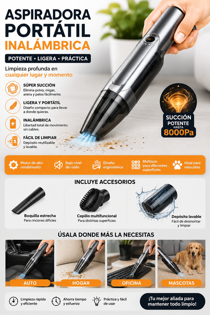 Aspiradora Portátil Inalámbrica 8000Pa para Auto, Hogar y Oficina