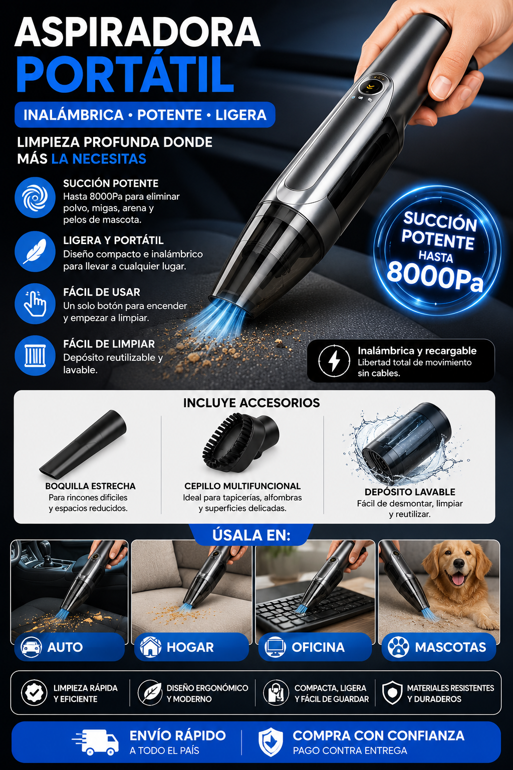 Aspiradora Portátil Inalámbrica 8000Pa para Auto, Hogar y Oficina