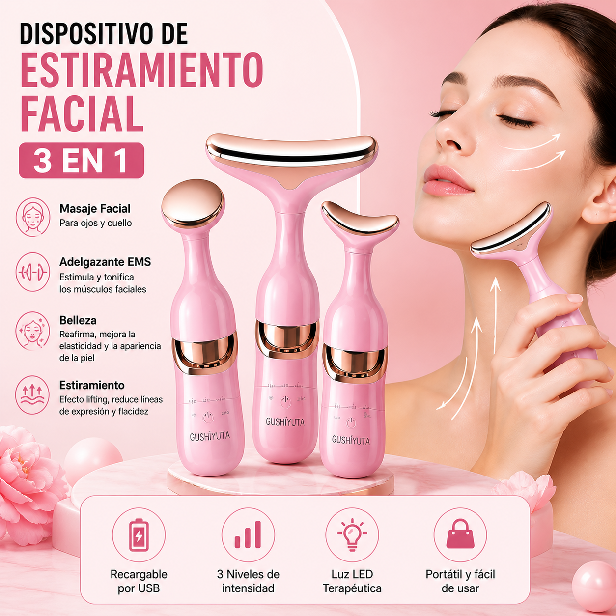 Dispositivo de estiramiento Facial 3 en 1, masaje Facial para ojos y cuello, adelgazante EMS, belleza, estiramiento