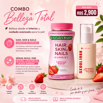 Combo Belleza Total | Gomitas Hair, Skin & Nails + Sérum Seoul 1988 Retinal