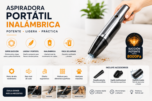Aspiradora Portátil Inalámbrica 8000Pa para Auto, Hogar y Oficina