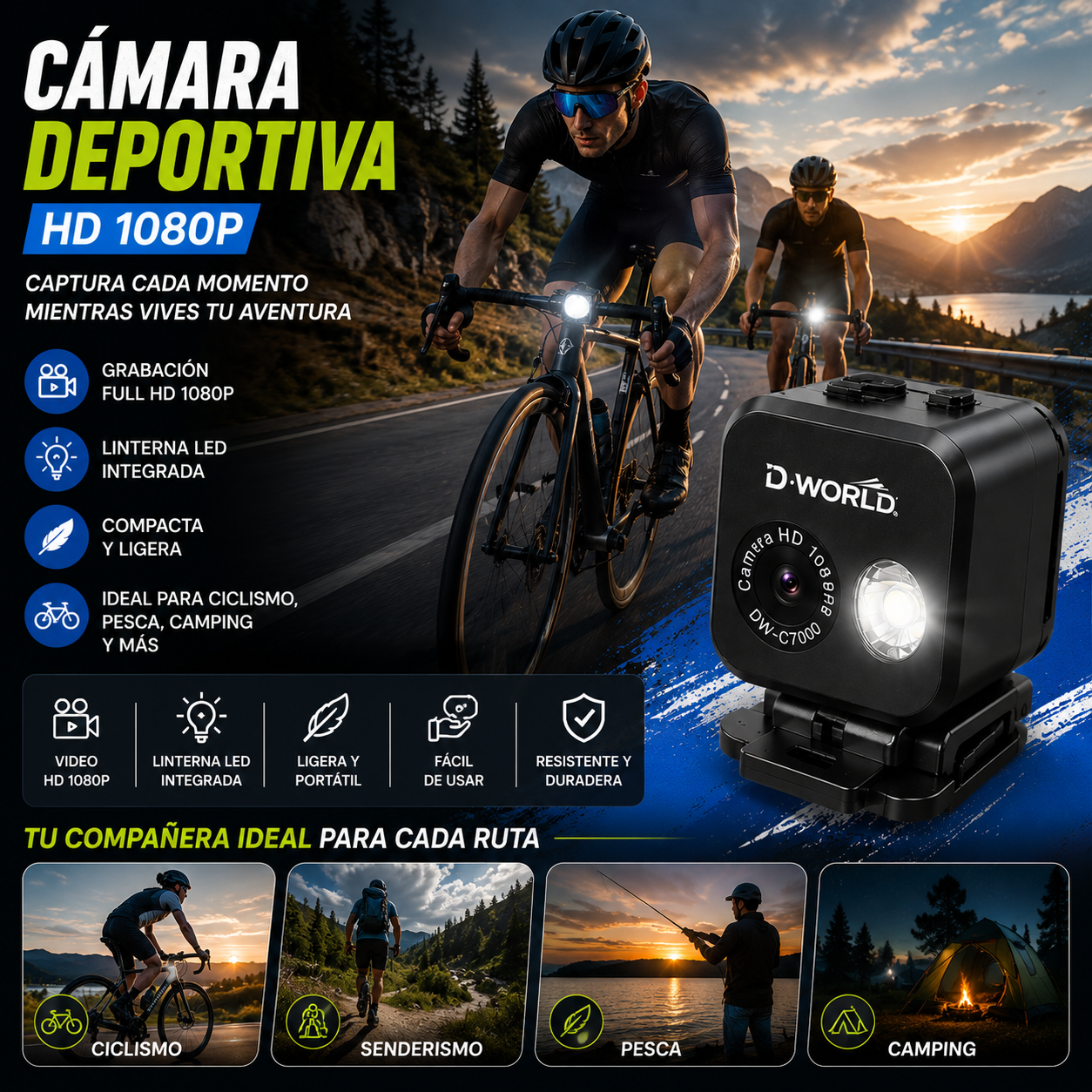 📷 Cámara Deportiva con Linterna HD 1080P DW-C7000