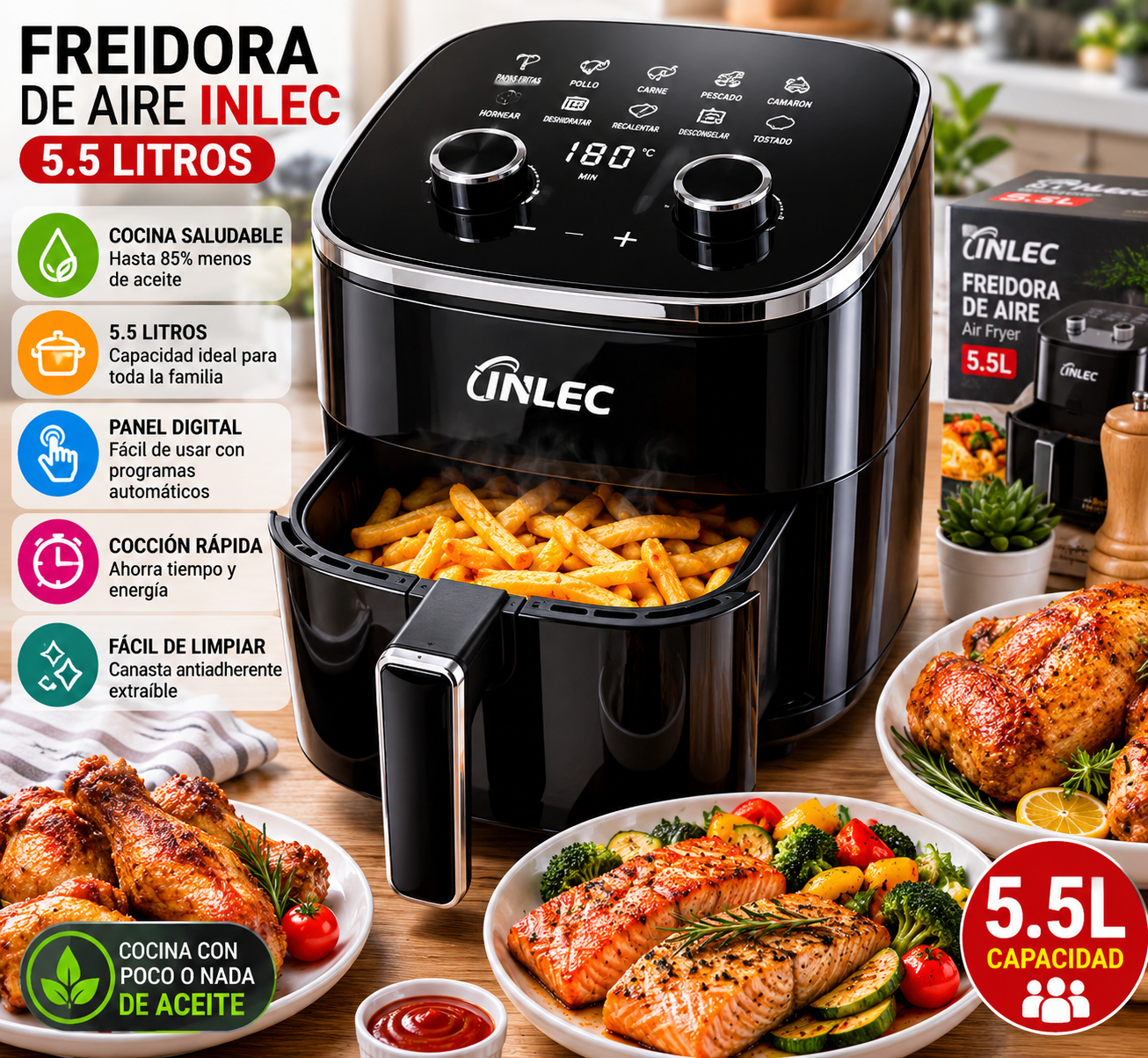 Freidora de Aire Digital Inlec 5.5 Litros | Cocina Saludable y Rápida
