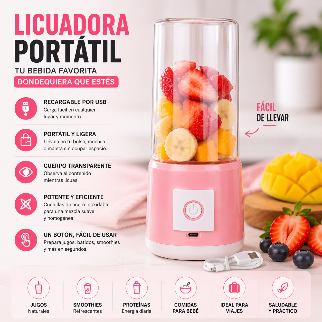 Licuadora Portatil Mge-002 Recargable USB para Jugos, Smoothies y Batidos 🥤✨