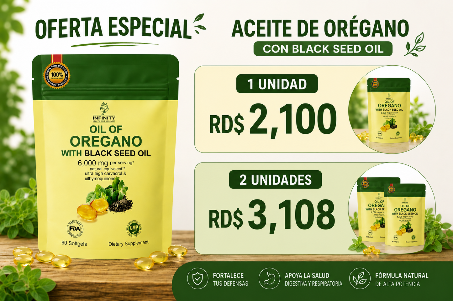 ORÉGANO OIL + BLACK SEED OIL 6000 MG (90 SOFGELS)