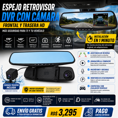 🚗 Espejo Retrovisor DVR con Cámara Frontal y Trasera HD | Cámara para Vehículos