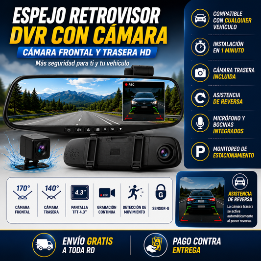 🚗 Espejo Retrovisor DVR con Cámara Frontal y Trasera HD | Cámara para Vehículos