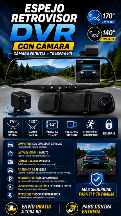 🚗 Espejo Retrovisor DVR con Cámara Frontal y Trasera HD | Cámara para Vehículos