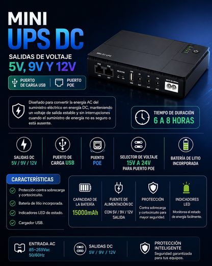 Mini UPS DC 15000mAh para Router, Módem y Cámaras | Salidas 5V, 9V, 12V y POE