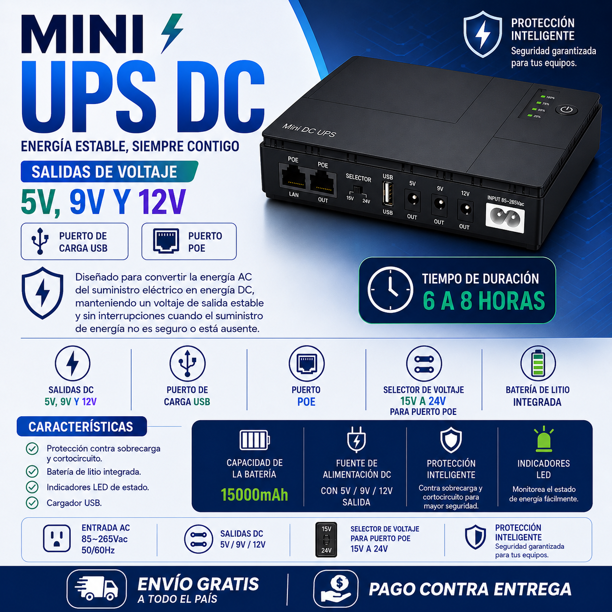 Mini UPS DC 15000mAh para Router, Módem y Cámaras | Salidas 5V, 9V, 12V y POE