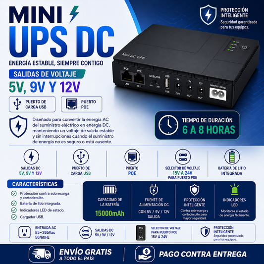Mini UPS DC 15000mAh para Router, Módem y Cámaras | Salidas 5V, 9V, 12V y POE