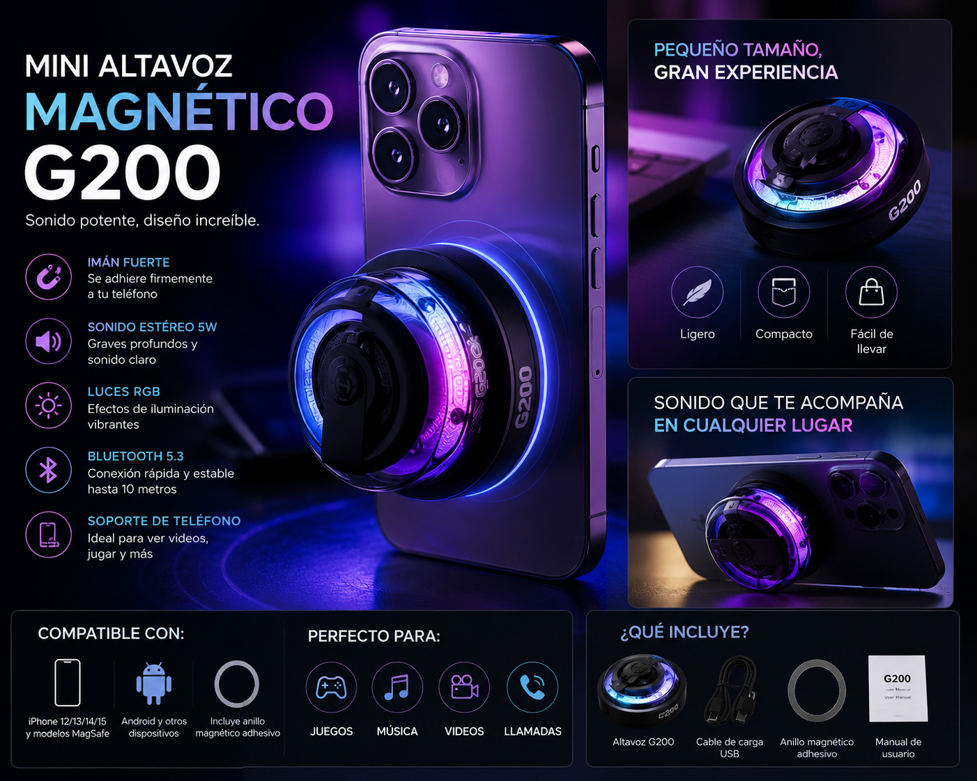 Mini Altavoz Magnético G200 con Luces RGB