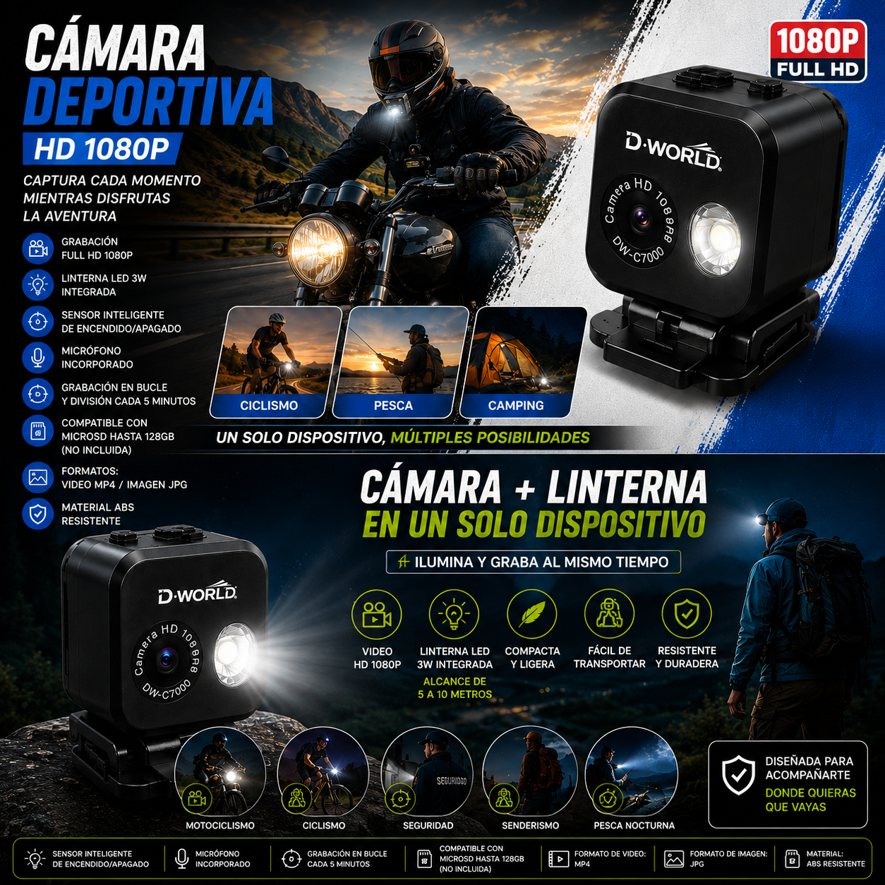 📷 Cámara Deportiva con Linterna HD 1080P DW-C7000