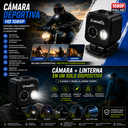 📷 Cámara Deportiva con Linterna HD 1080P DW-C7000