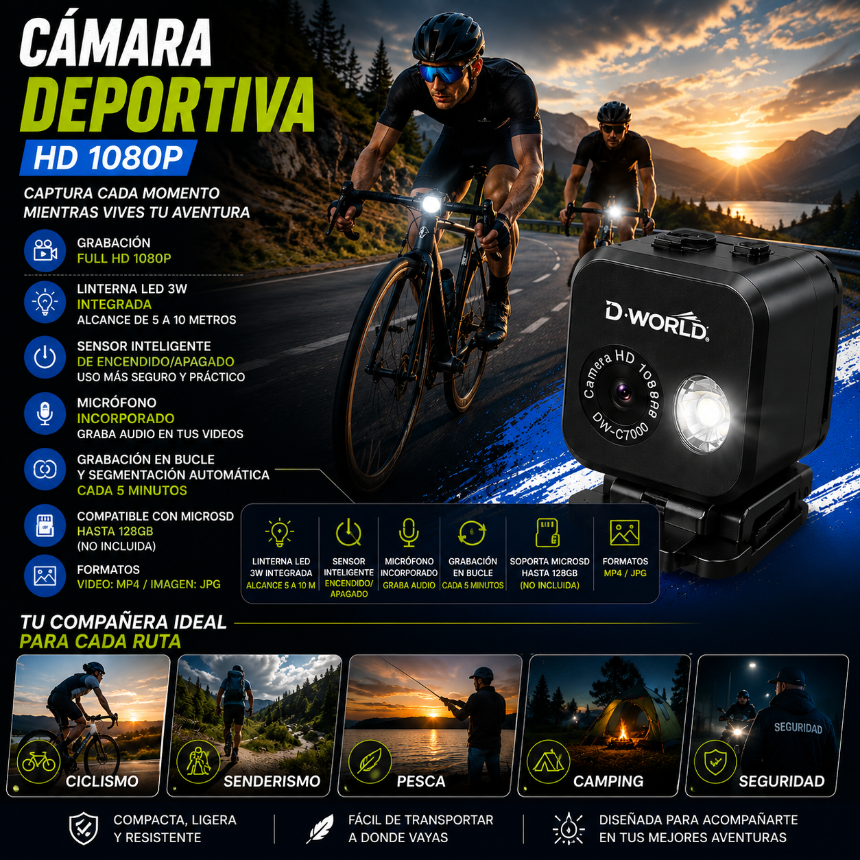 📷 Cámara Deportiva con Linterna HD 1080P DW-C7000