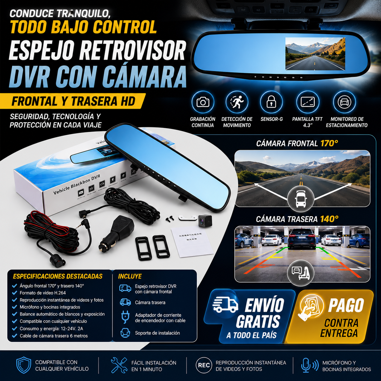 🚗 Espejo Retrovisor DVR con Cámara Frontal y Trasera HD | Cámara para Vehículos
