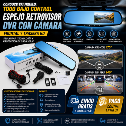 🚗 Espejo Retrovisor DVR con Cámara Frontal y Trasera HD | Cámara para Vehículos