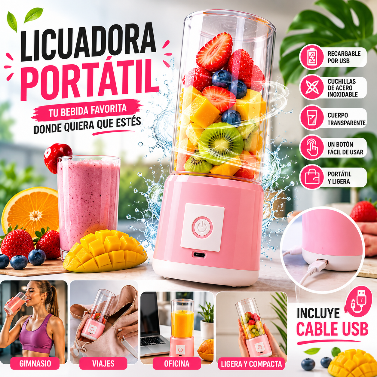 Licuadora Portatil Mge-002 Recargable USB para Jugos, Smoothies y Batidos 🥤✨