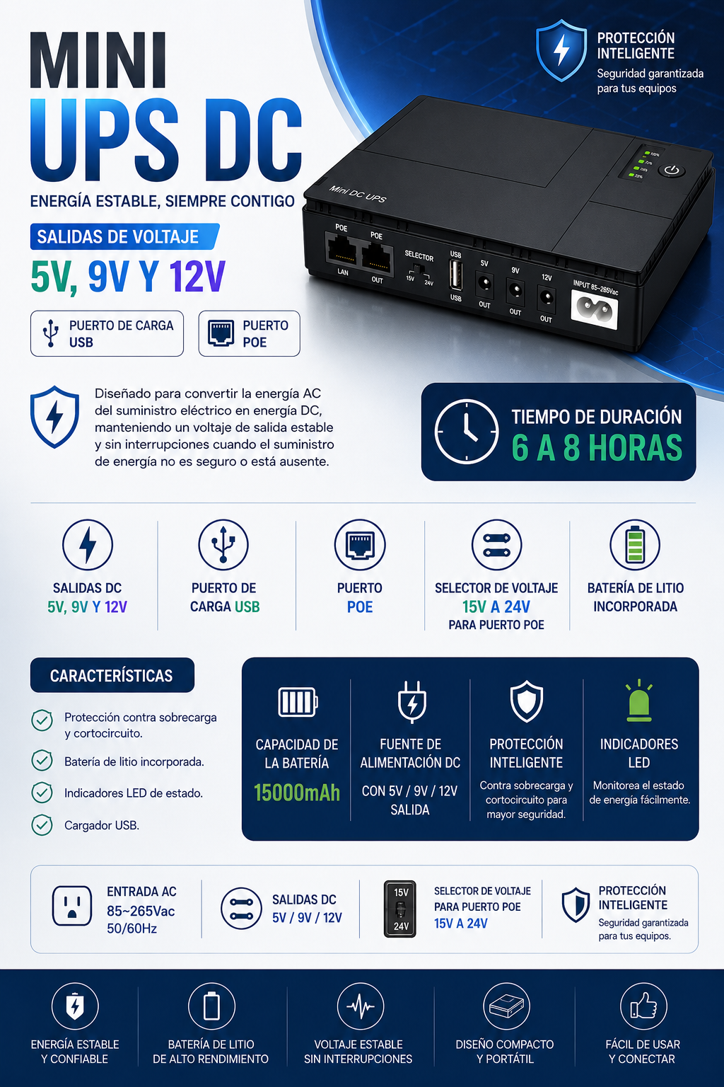 Mini UPS DC 15000mAh para Router, Módem y Cámaras | Salidas 5V, 9V, 12V y POE