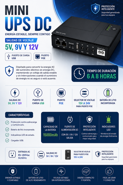 Mini UPS DC 15000mAh para Router, Módem y Cámaras | Salidas 5V, 9V, 12V y POE